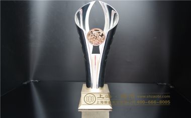 电镀银镶铜币奖杯摆件【镶币奖杯定制】
